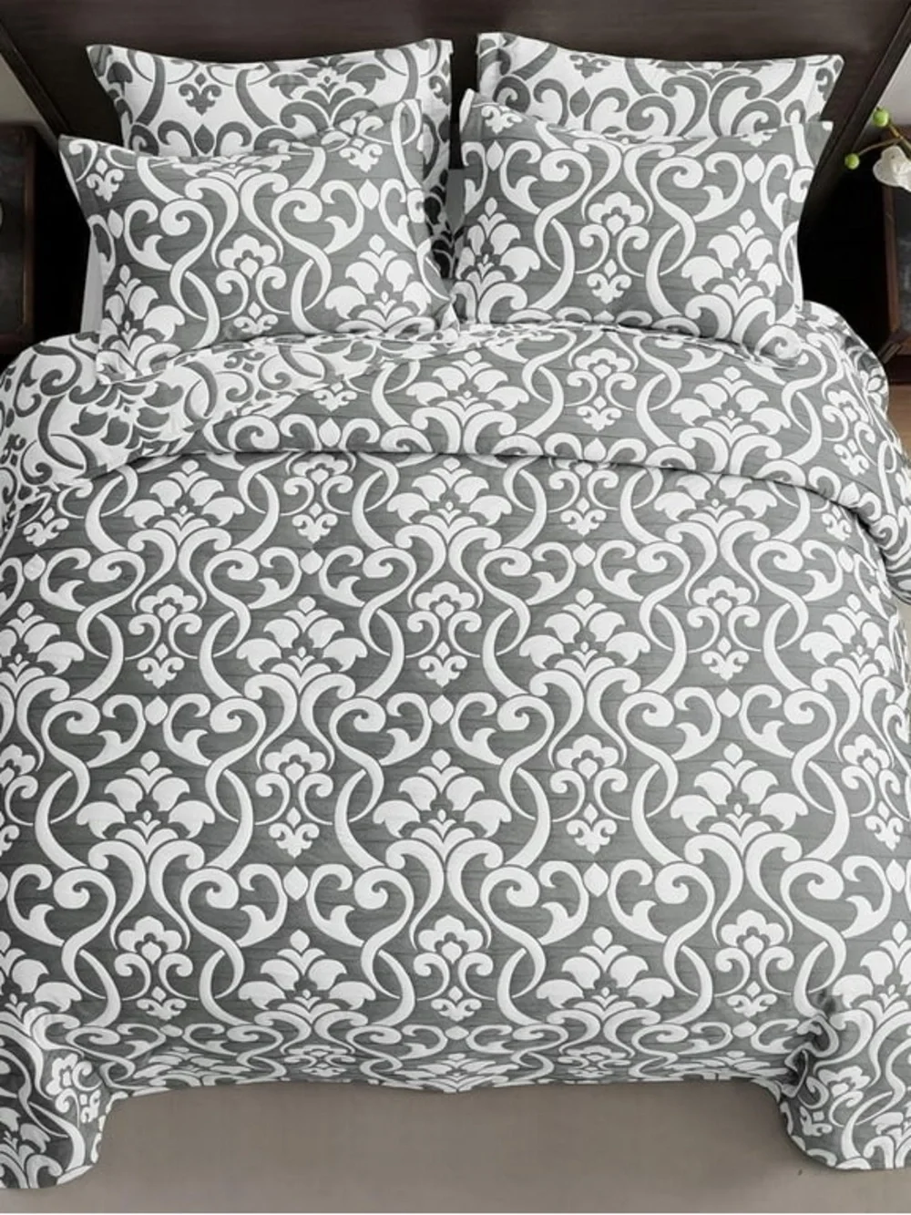 Gray and White Damask oversized king 5 piece quilt Set